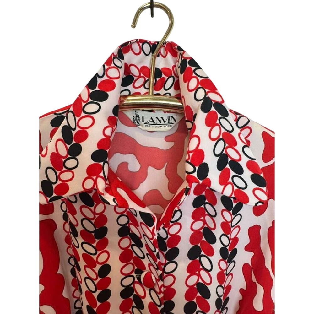 Vintage 60s Lanvin Paris New York Shirt Dress 16 Red Geometric Tie Waist MOD - Picture 6 of 16